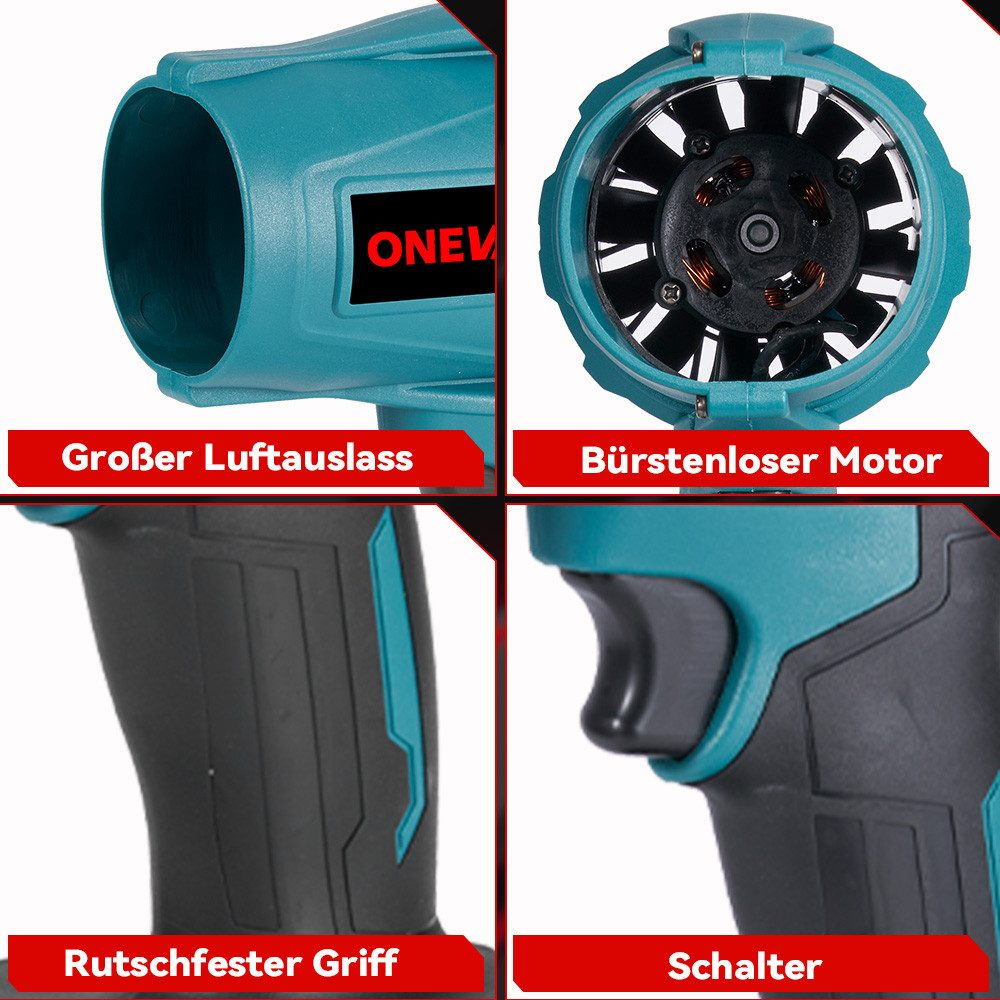 Nahaufnahme eines türkisfarbenen Werkzeugs mit Etiketten: 'Großer Luftauslass', 'Bürstenloser Motor', usw.