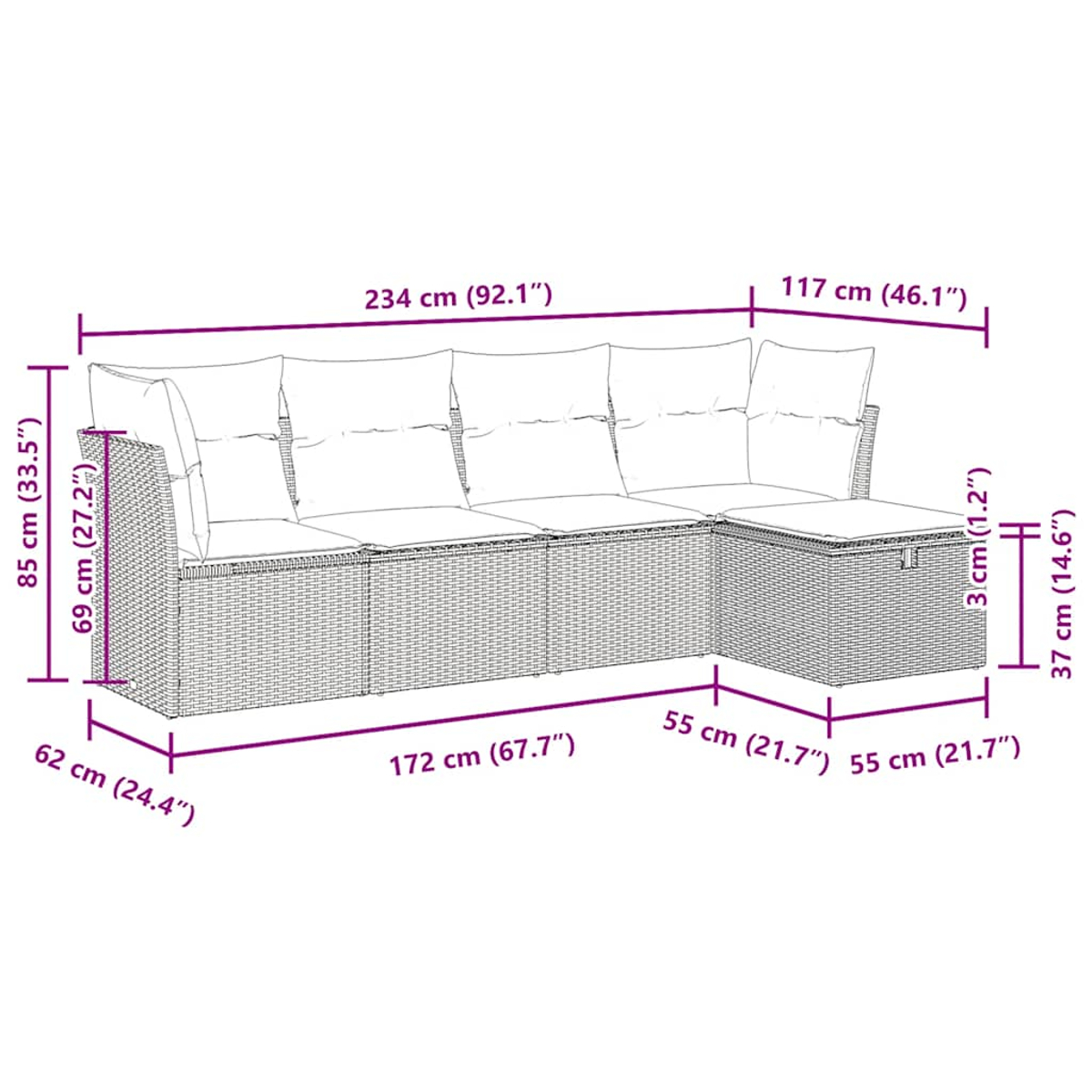 Ein Outdoor-Schnittsofa, grau mit marinefarbenen Kissen, vor weißem Hintergrund. Maße sind auf dem Bild angegeben.