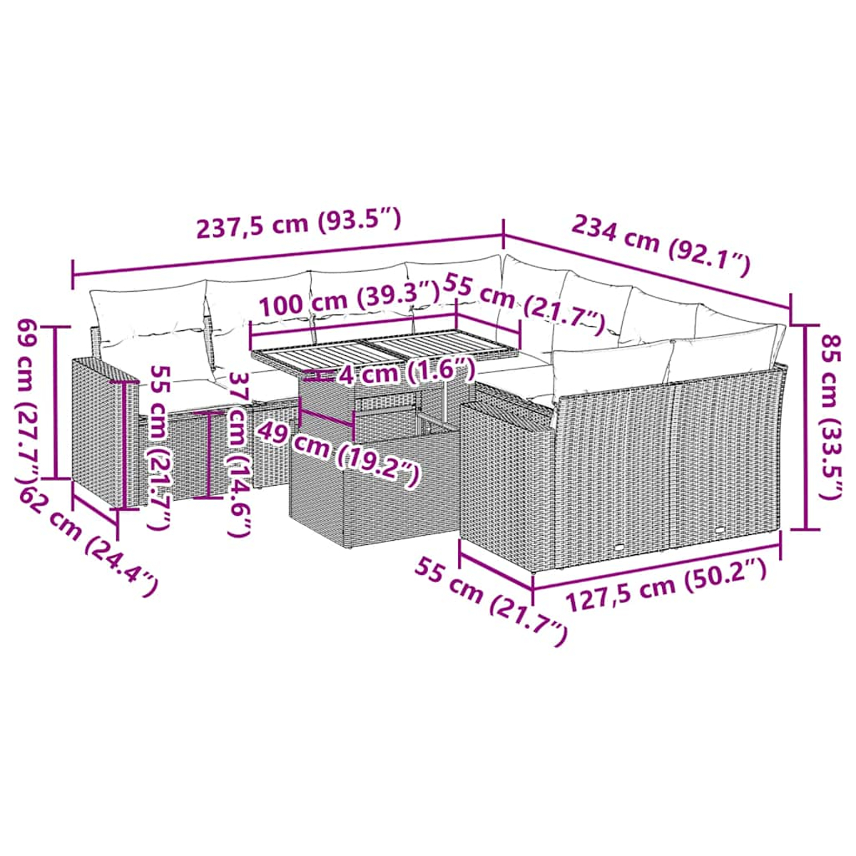 Outdoor-Sofa mit Maßen, grauer Webstruktur und weißen Kissen. Es hat einen Holztisch.