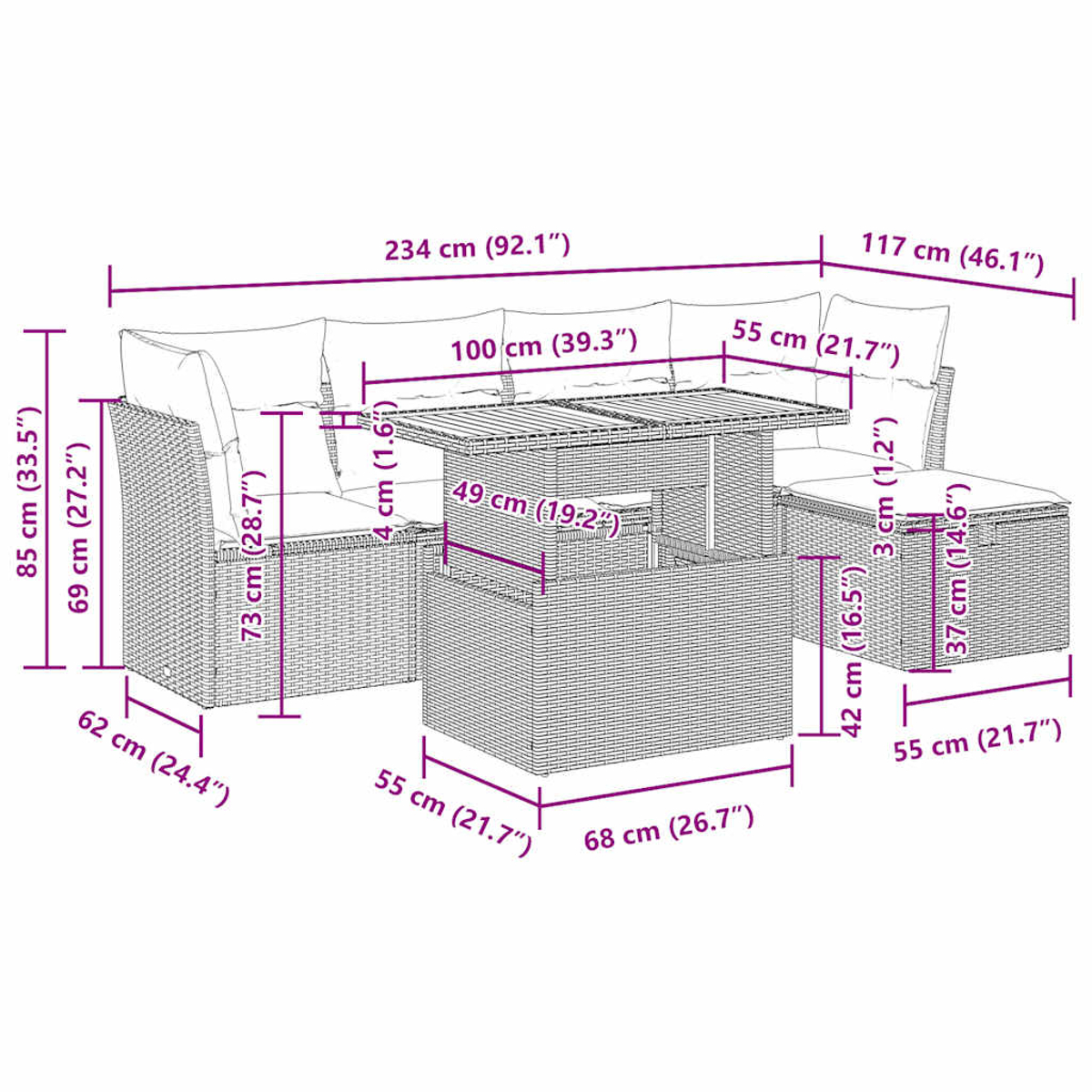 Geflochtenes Outdoor-Möbelset mit Maßen. Enthält Sofa, Tisch und Hocker, alle mit Kissen und detaillierten Abmessungen.