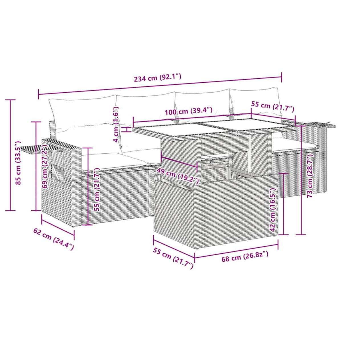 Geflochtenes Outdoor-Möbelset mit Maßen. Enthält Sofa, Tisch und Hocker, alle mit Kissen und detaillierten Abmessungen.