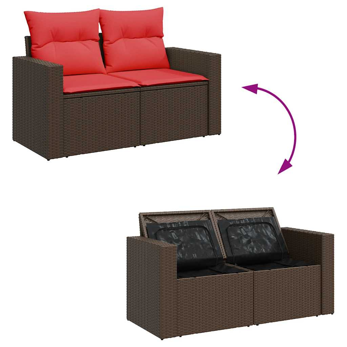 Zwei Korbmöbel-Sofas, eines mit roten Kissen, das andere mit schwarzen Kissen, mit einem Pfeil.