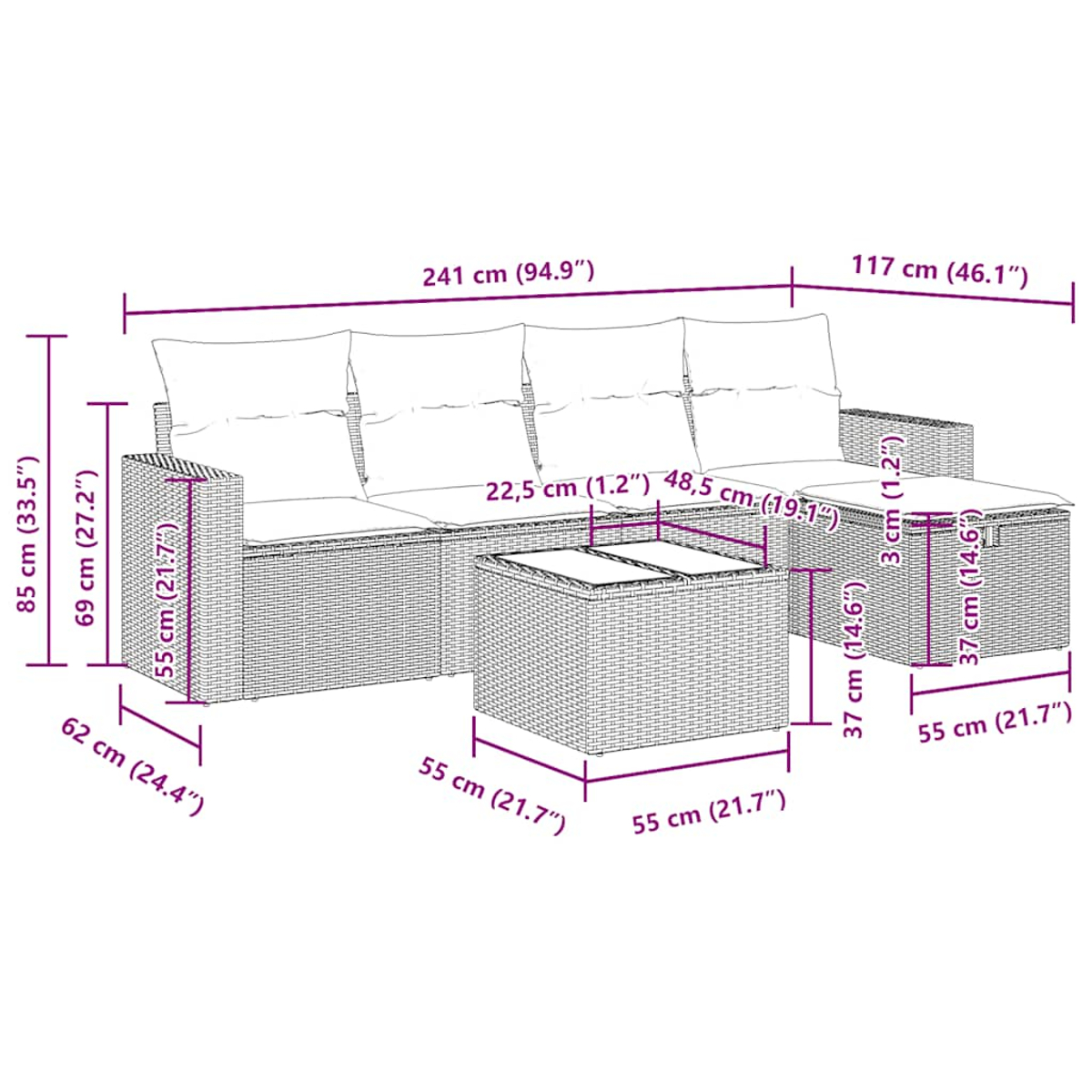 Ein Diagramm zeigt ein Korbmöbel-Set mit in Zentimetern und Zoll beschrifteten Maßen.