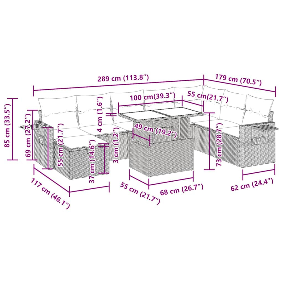 Diagramm eines Ecksofas mit Abmessungen in Zentimetern und Zoll. Messungen werden angezeigt.