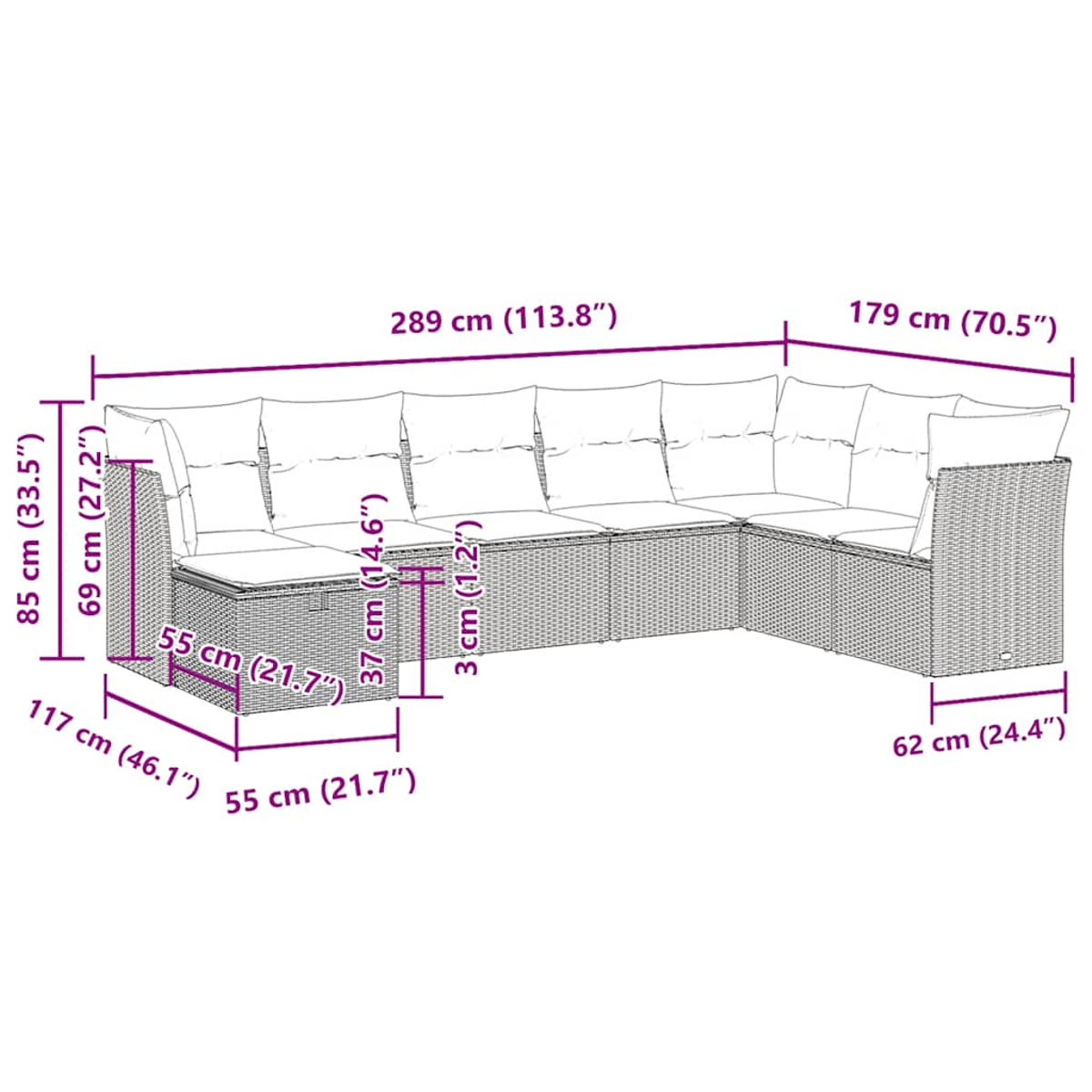Diagramm eines Ecksofas mit Abmessungen. Das Sofa steht auf weißem Hintergrund.