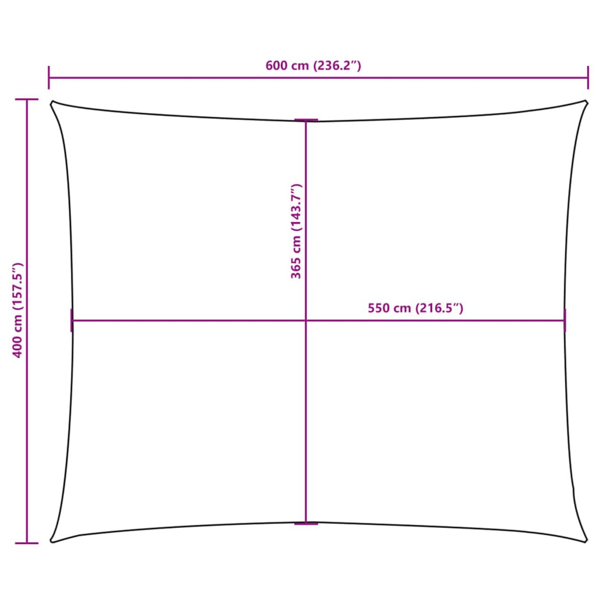 Una grande tenda parasole rettangolare con dimensioni etichettate, misure in cm. L'ombra è di un colore neutro.