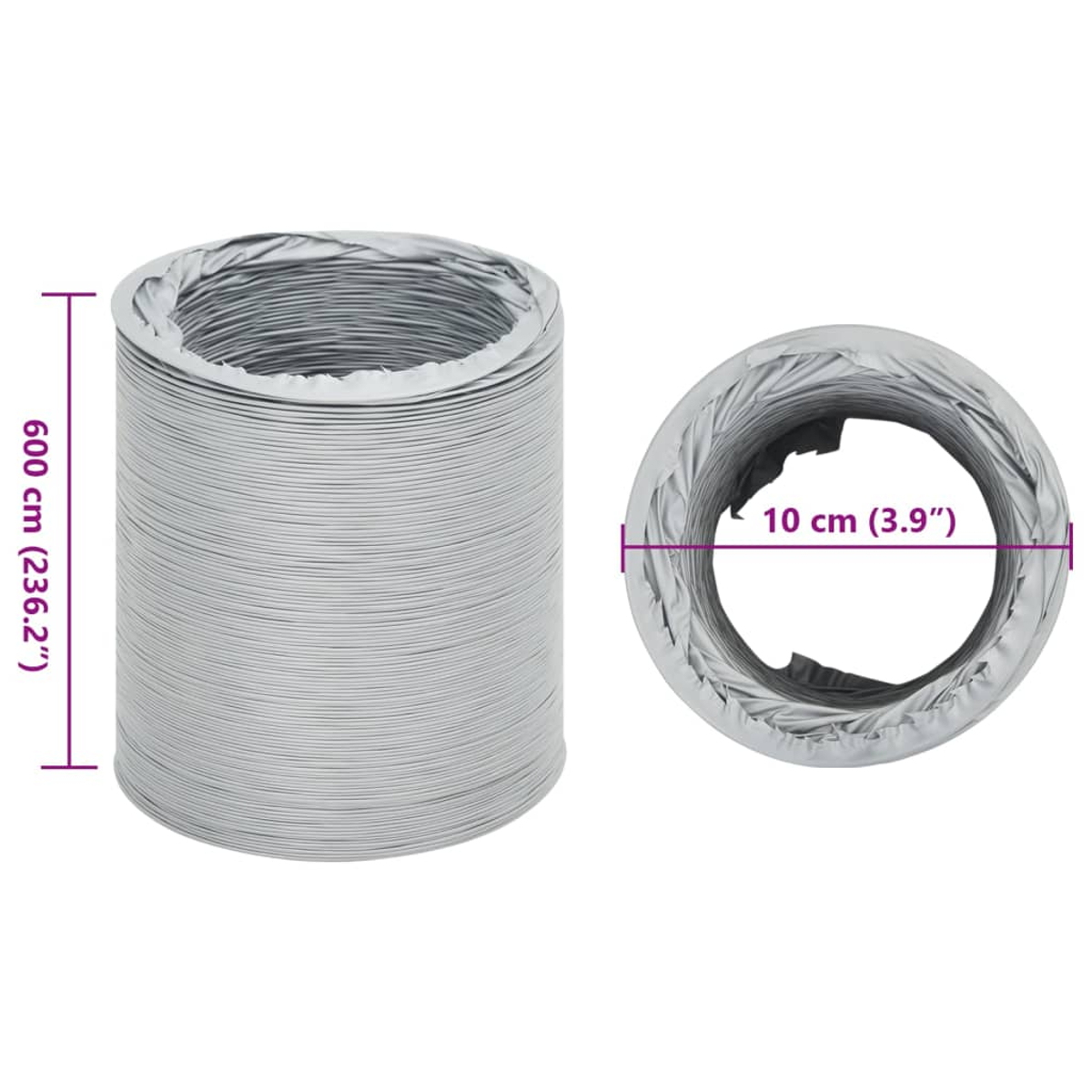 Silberner flexibler Kanal, aufgerollt. Abmessungen: Höhe 600 cm, Durchmesser 10 cm.