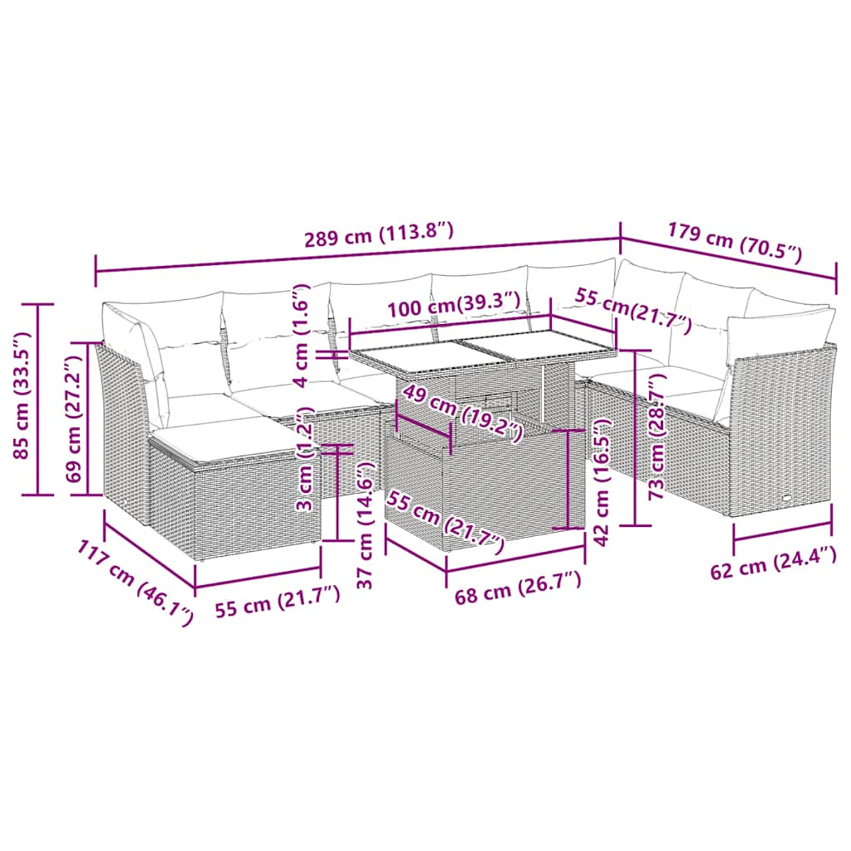Ein Diagramm mit Abmessungen eines grauen Rattan-Outdoor-Ecksofa-Sets.