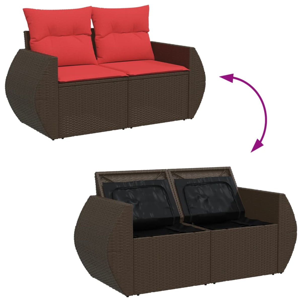 Braunes Rattan-Liebessofa mit roten Kissen, der Sitz lässt sich zum Verstauen öffnen, auf weißem Hintergrund.