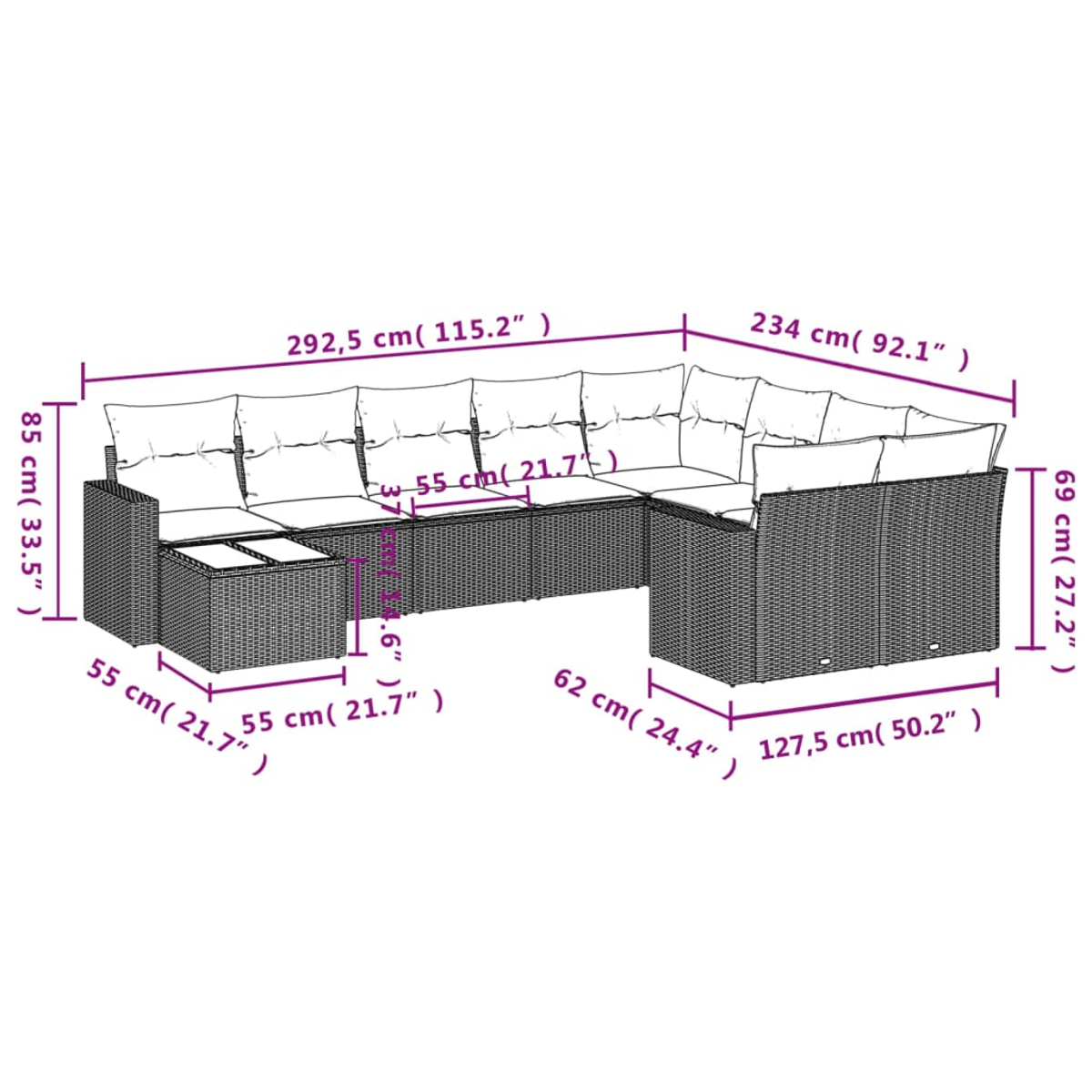 Diagramma di un divano componibile da esterno con dimensioni. Vimini grigio con misure.