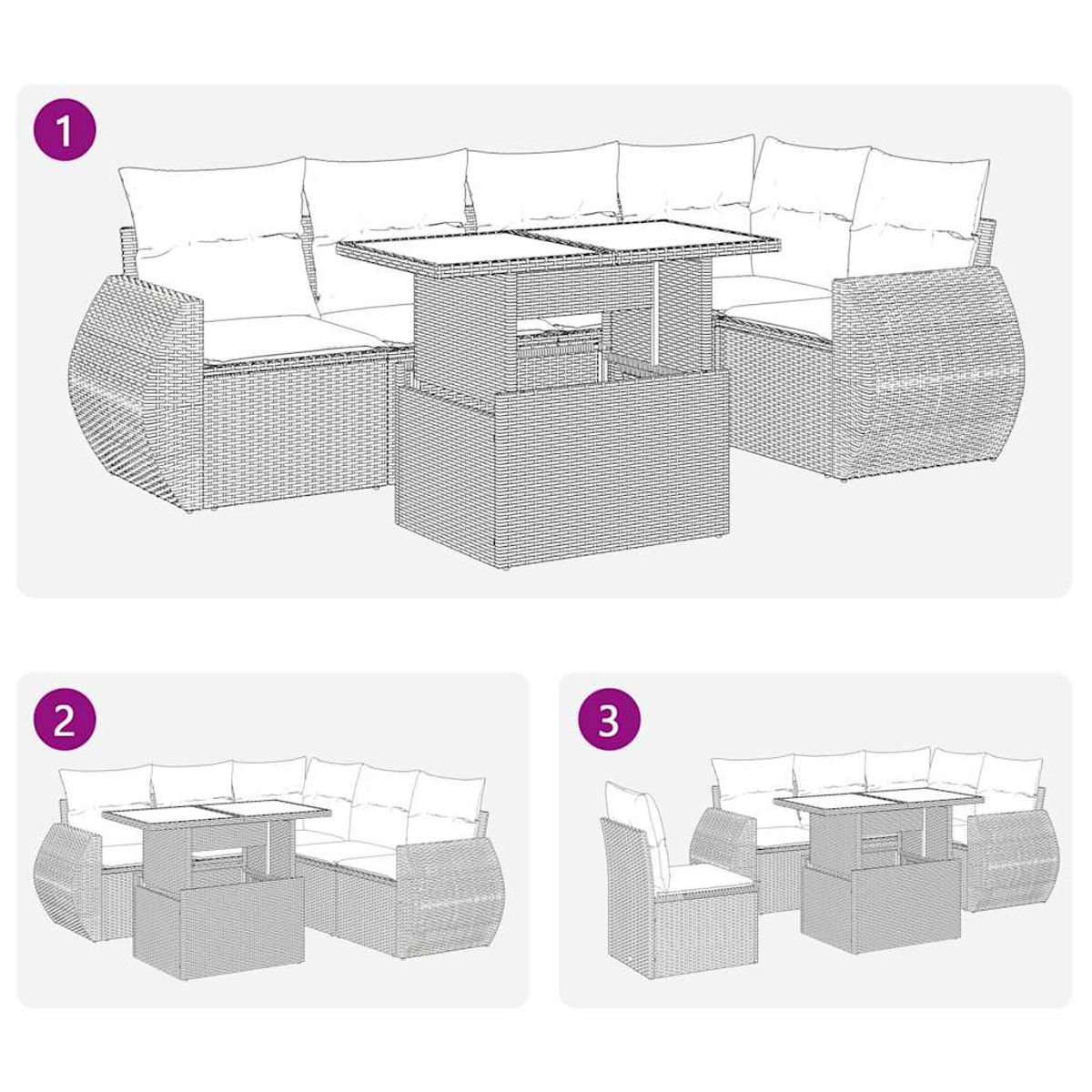 Diagramm der Anordnungsmöglichkeiten für Gartenmöbel. Zeigt Sofa- und Tischkombinationen in verschiedenen Layouts.