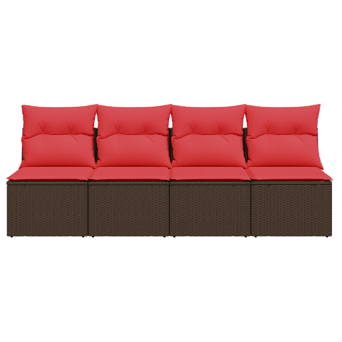 Dunkelbraunes Rattansofa-Set mit roten Kissen. Die Anordnung besteht aus vier verbundenen Sitzabschnitten.