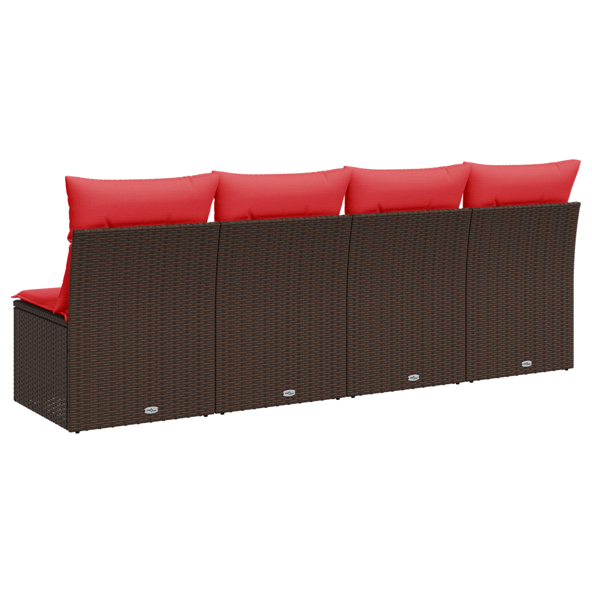 Ein braunes Korbmöbel-Sofa mit roten Kissen, von hinten betrachtet. Das Sofa ist modular.