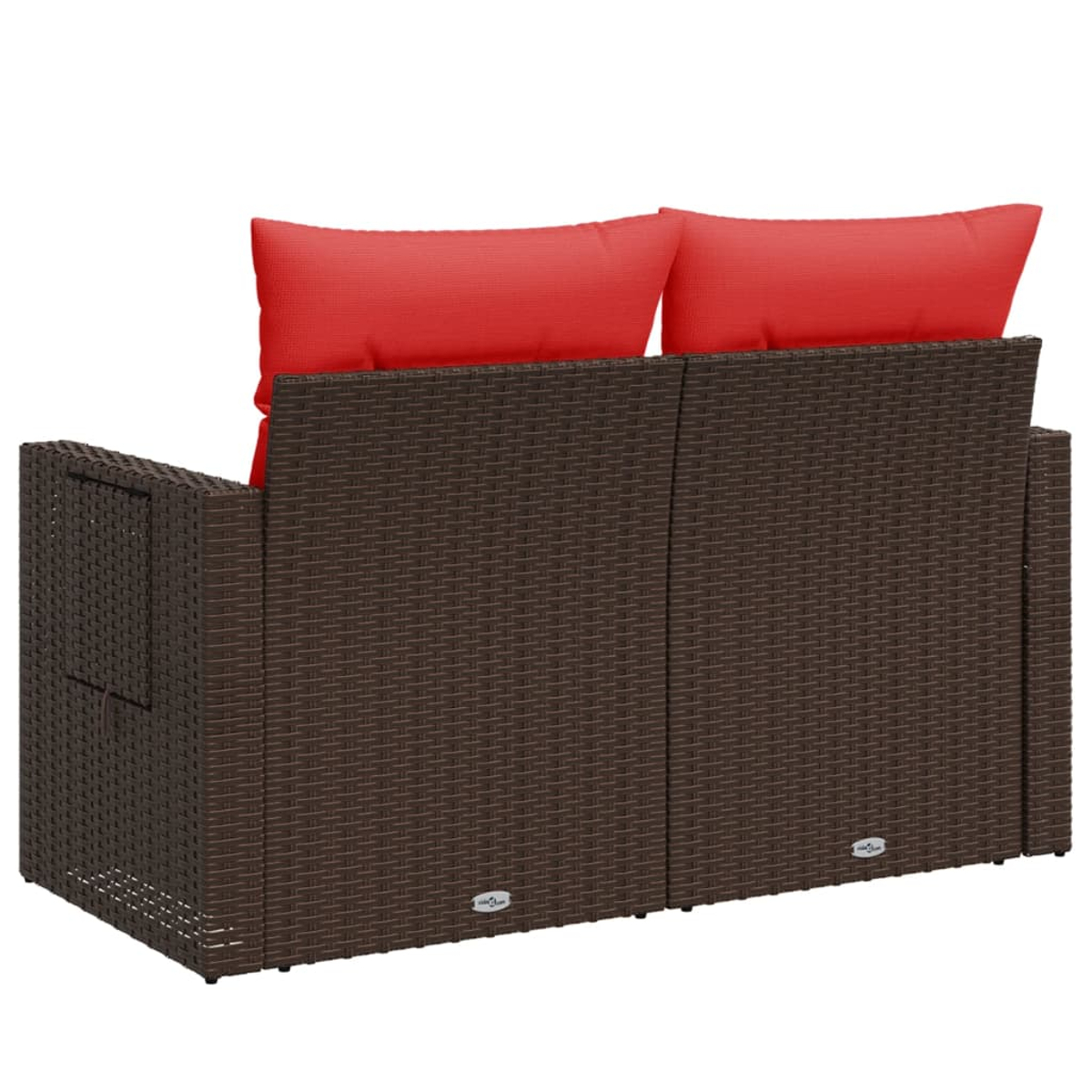Ein braunes gewebtes Sofa mit roten Kissen. Rückansicht, mit der Rückseite des Sofas.