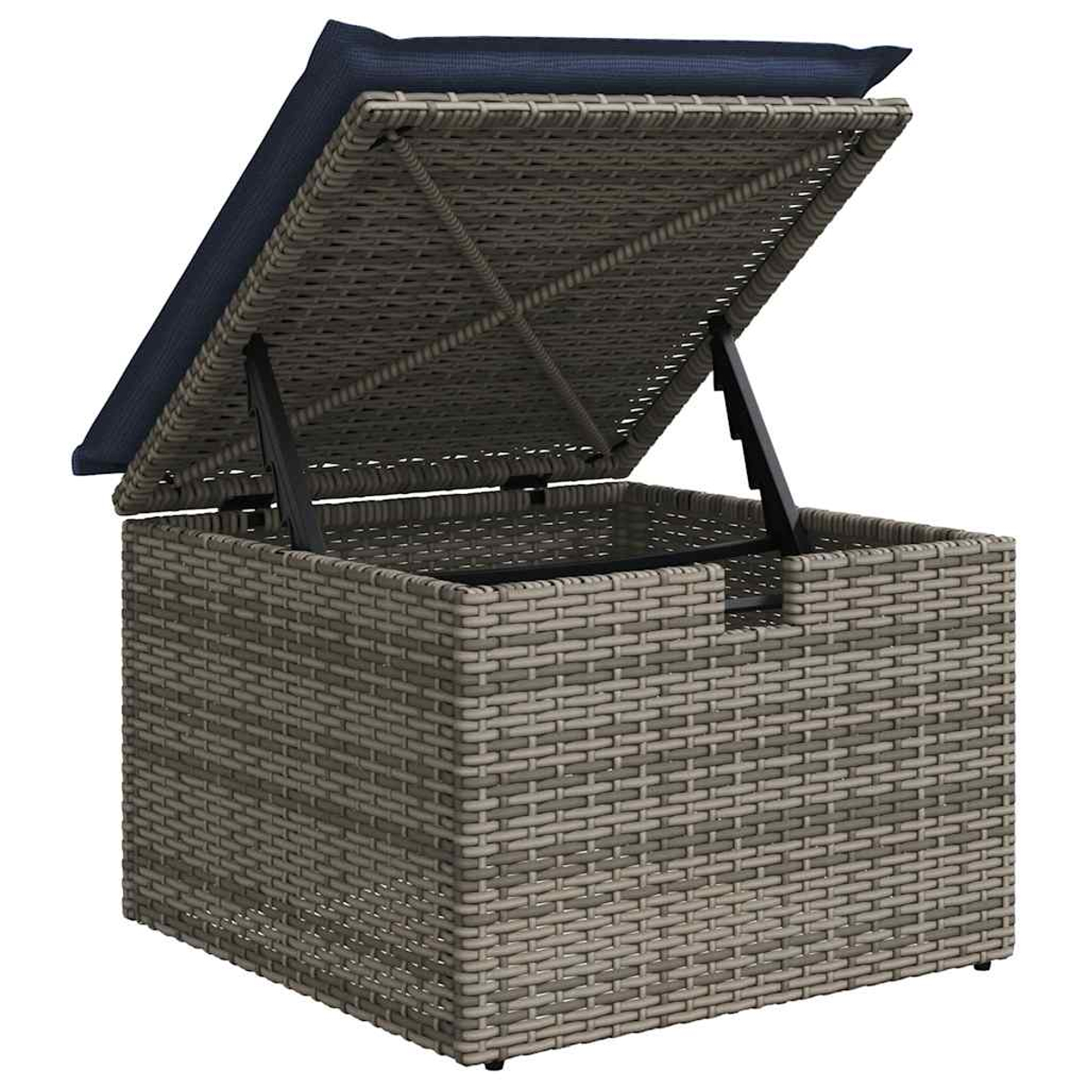 Korbspeicherbox mit blauem Kissen. Der Deckel ist geöffnet und zeigt das Innere der Speicherbox.