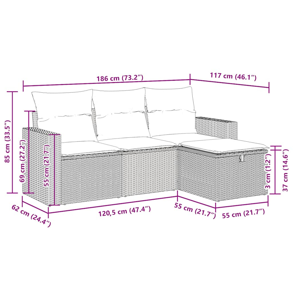 Diagramm eines grauen Outdoor-Ecksofas aus Weide und Abmessungen.
