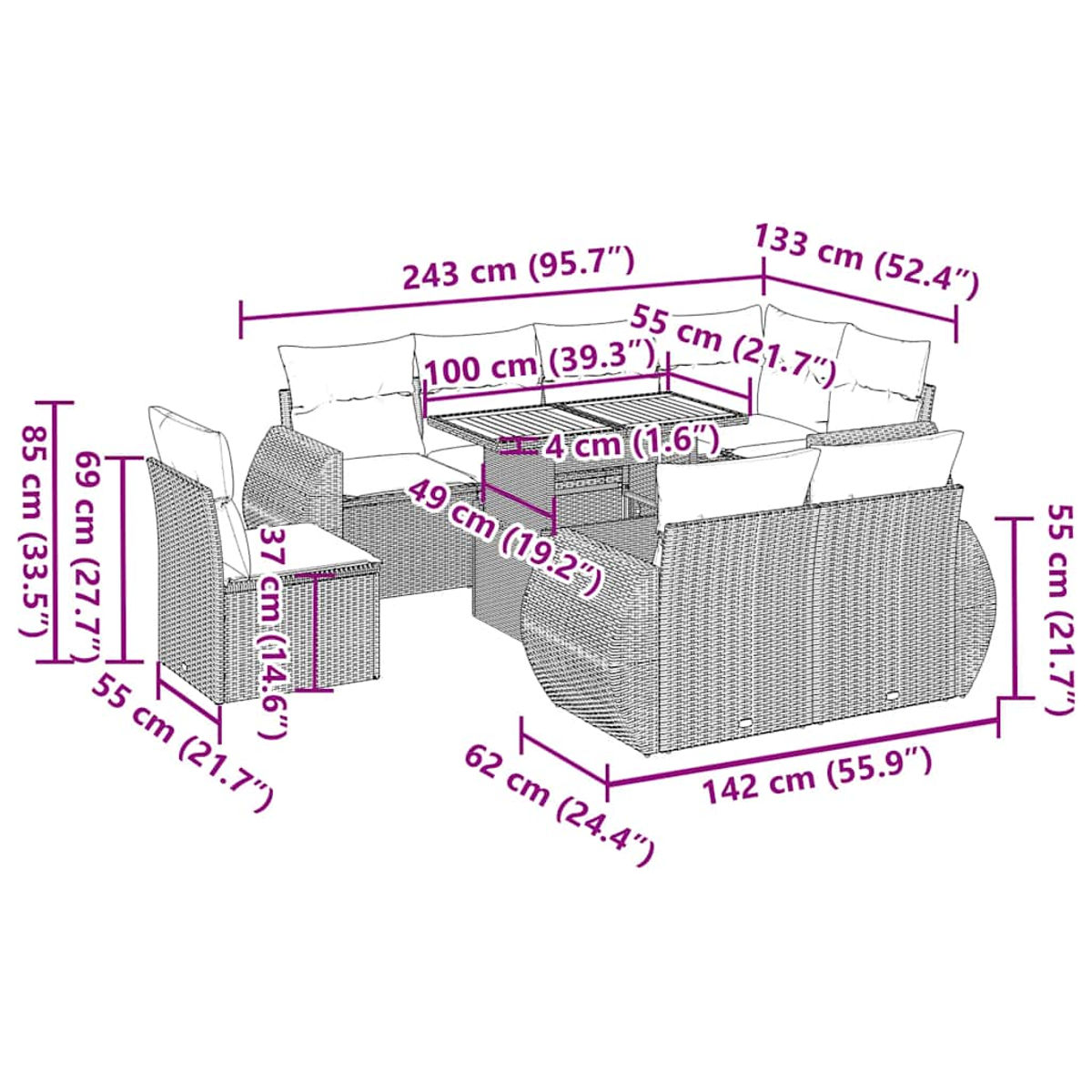 Ein Outdoor-Set aus Korbgeflecht mit Sofa, Tisch und Stühlen. Abmessungen sind angegeben.