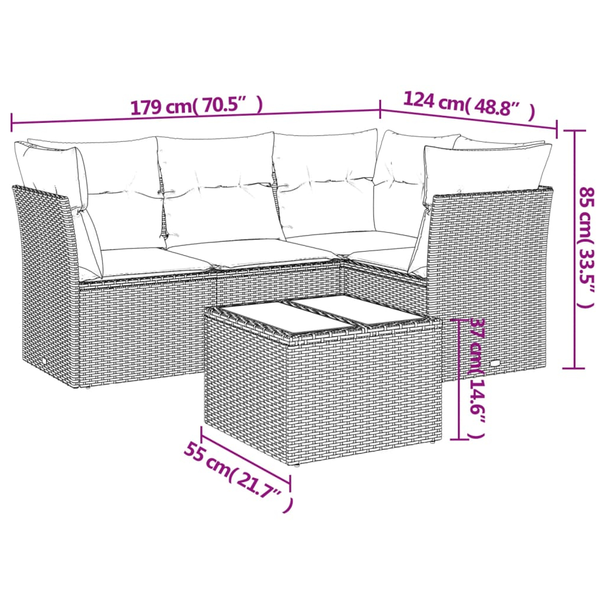 Un divano componibile da esterno in vimini grigio con cuscini e un tavolo quadrato.