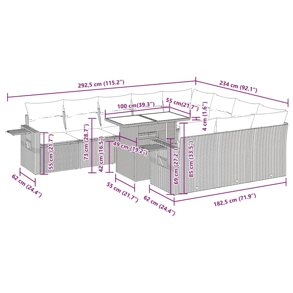 Ein Diagramm zeigt Abmessungen eines grauen Rattan-Ecksofas mit Tisch, mit Beschriftungen.