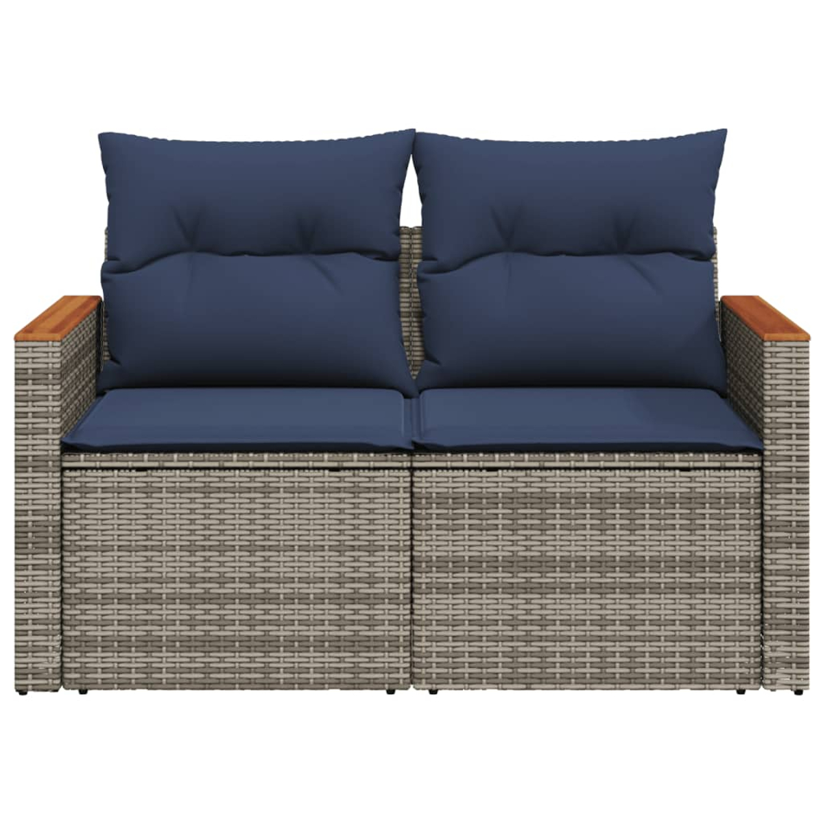 Zweisitzer-Outdoor-Sofa mit blauen Kissen und Holzarmlehnen. Korbgeflecht-Material und Design.
