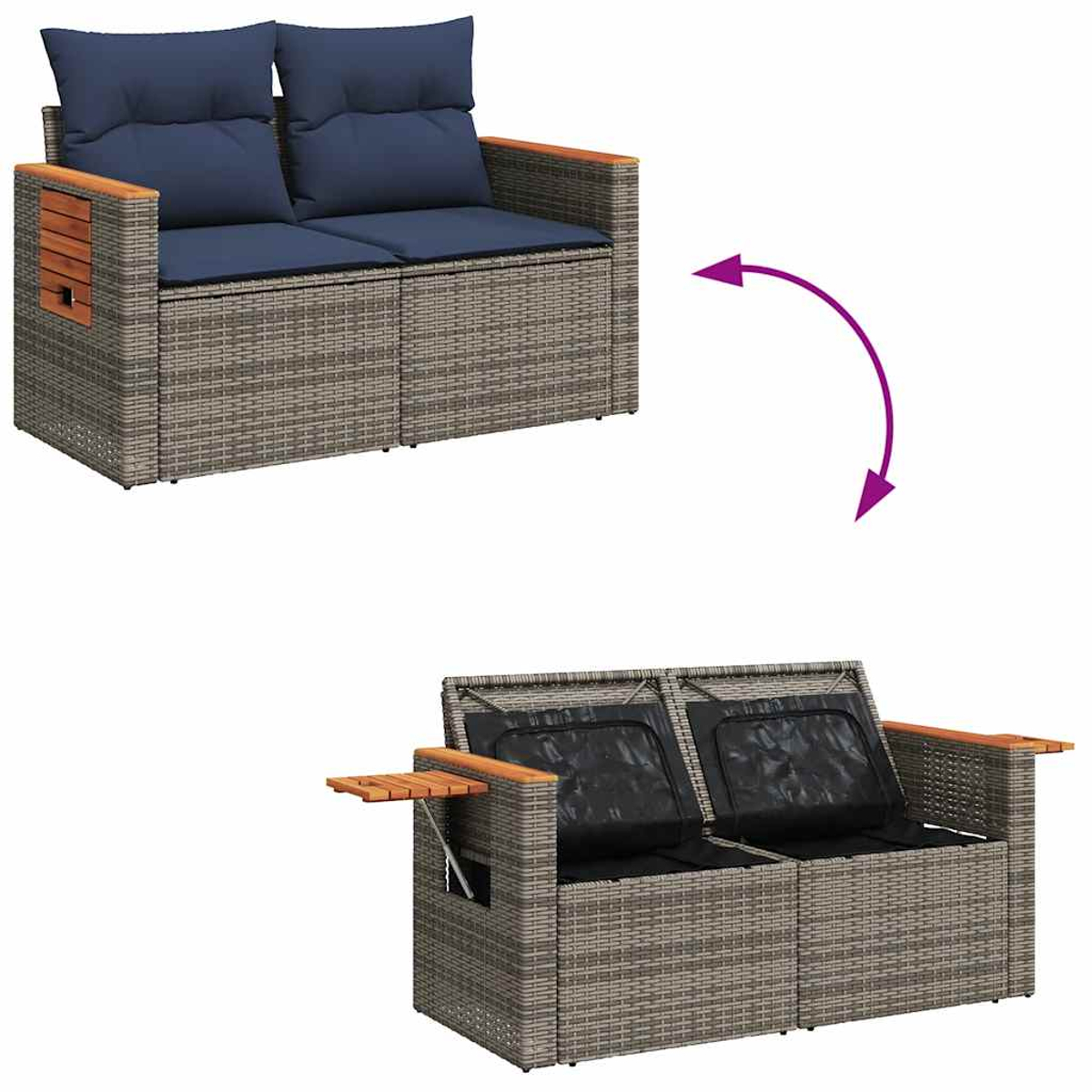 Zweisitzer-Outdoor-Sofa mit blauen Kissen und Stauraumöffnung. Transformationsillustration.