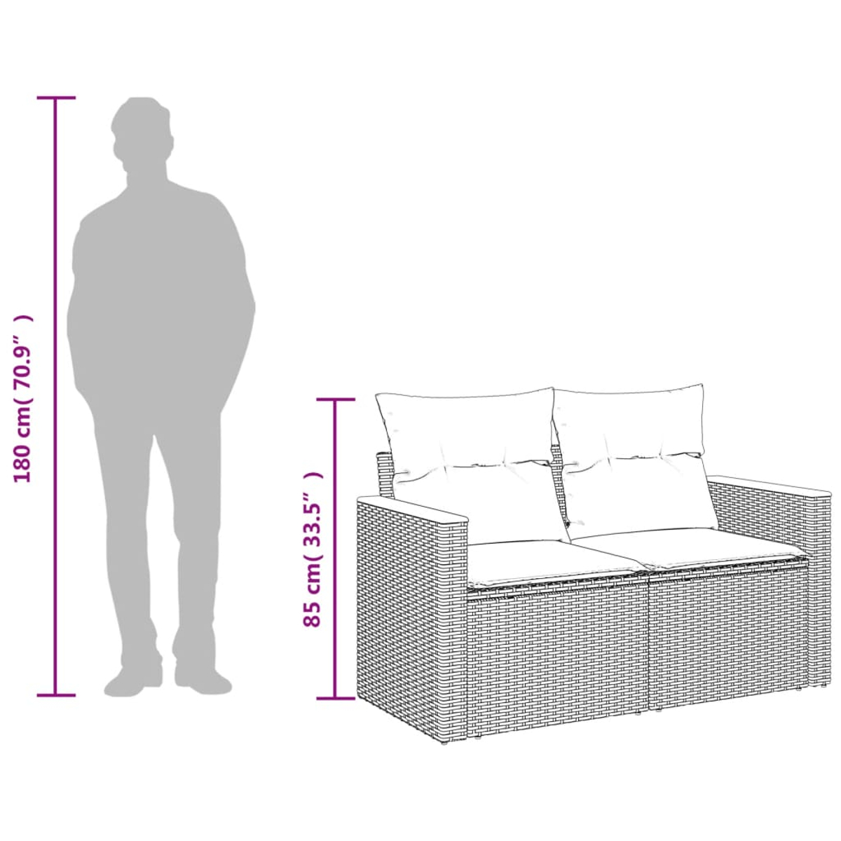 Personensilhouette neben einer Rattan-Loveseat mit beschrifteten Abmessungen.