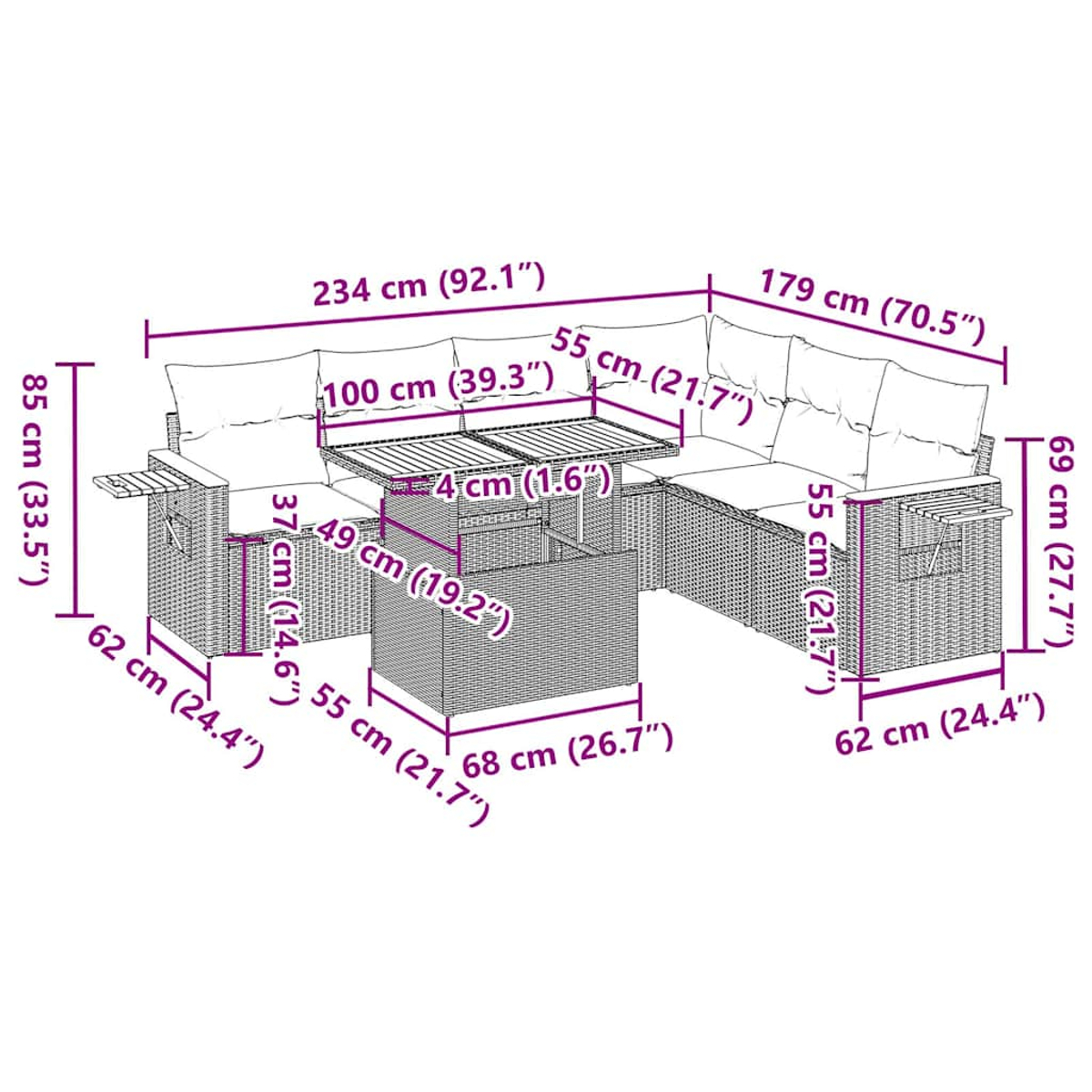 Diagramm eines modularen Outdoor-Sofas mit Abmessungen in Zentimetern und Zoll.