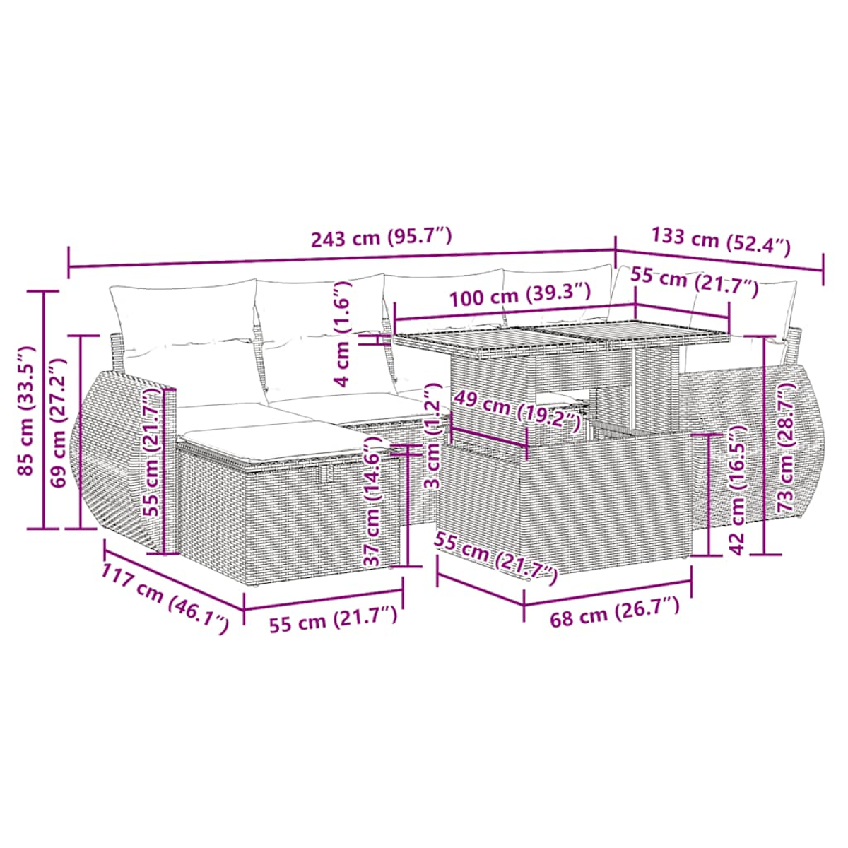 Diagramm eines Rattan-Sofasets mit Abmessungen in cm und Zoll. Das Set ist weiß mit grauen Kissen.