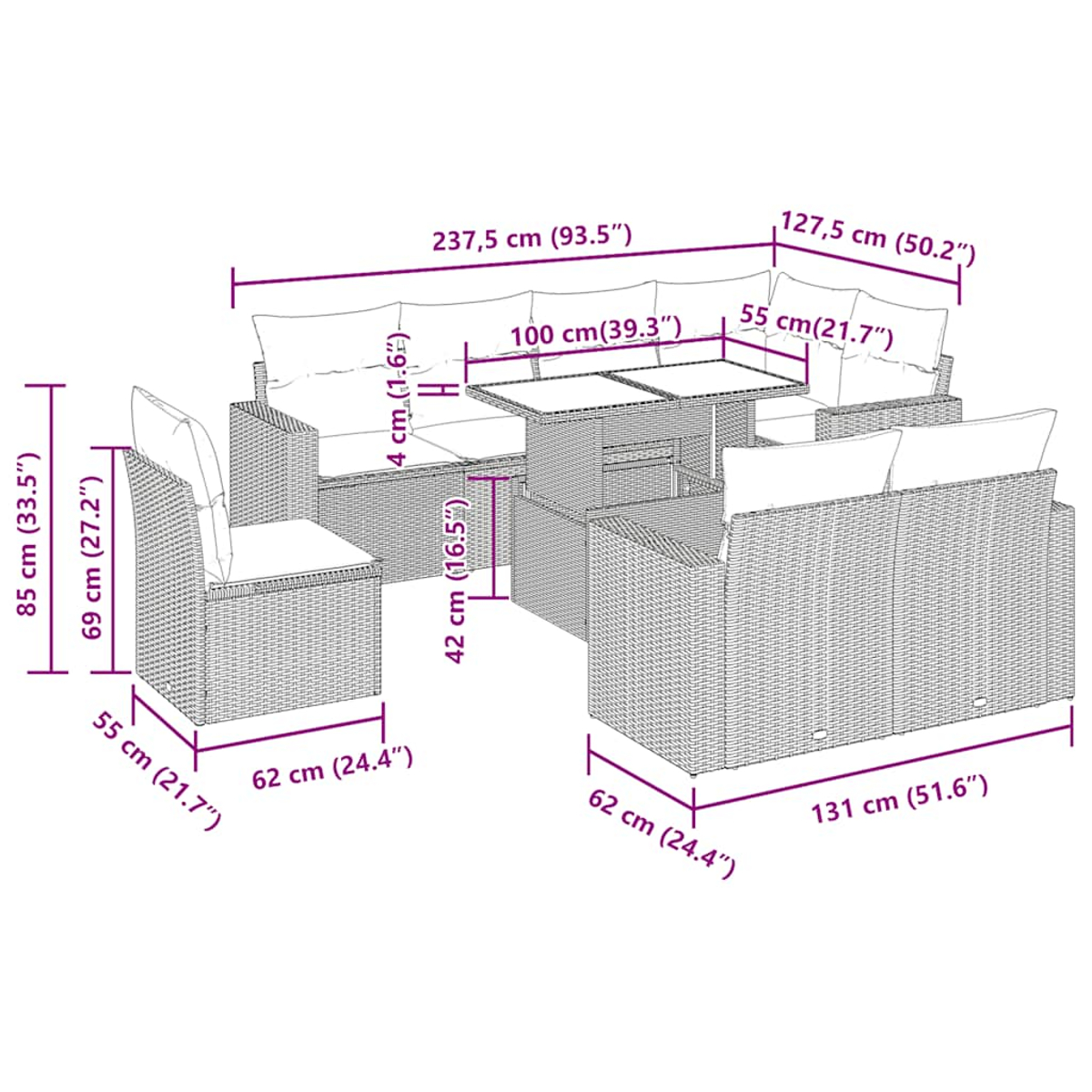 Ein Gartenmöbel-Set aus Korbgeflecht mit Abmessungen. Es umfasst Sofa, Tisch und Stühle.