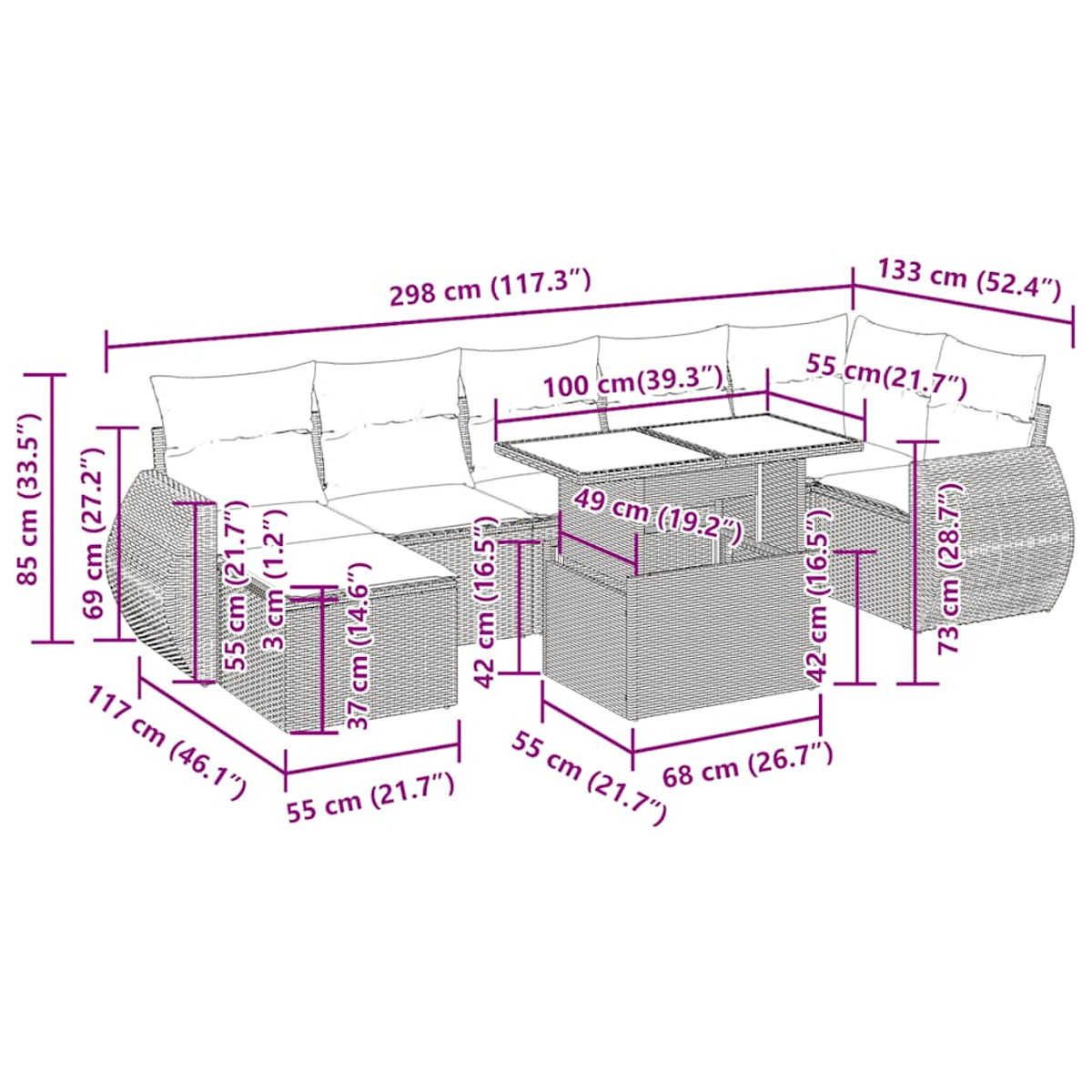 Ein großes Outdoor-Sofaset mit Abmessungen in Zentimetern. Das Set ist hellbraun.