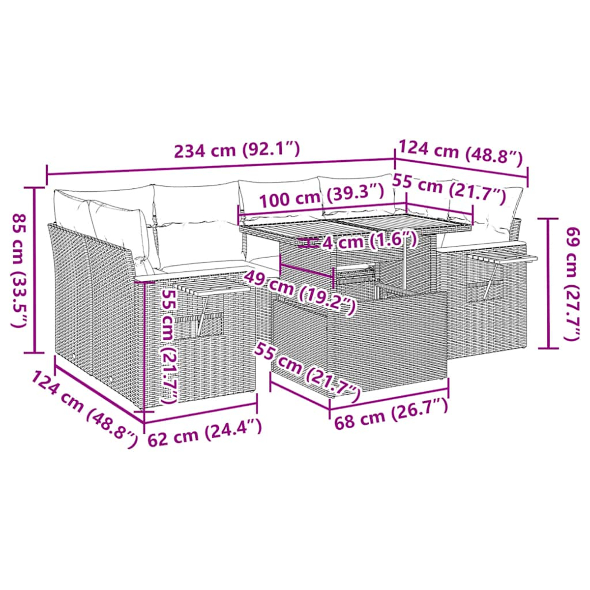 Diagramm mit Abmessungen eines Rattan-Outdoor-Sofasets, einschließlich Tisch und Sitzgelegenheiten. Maße in cm und Zoll.