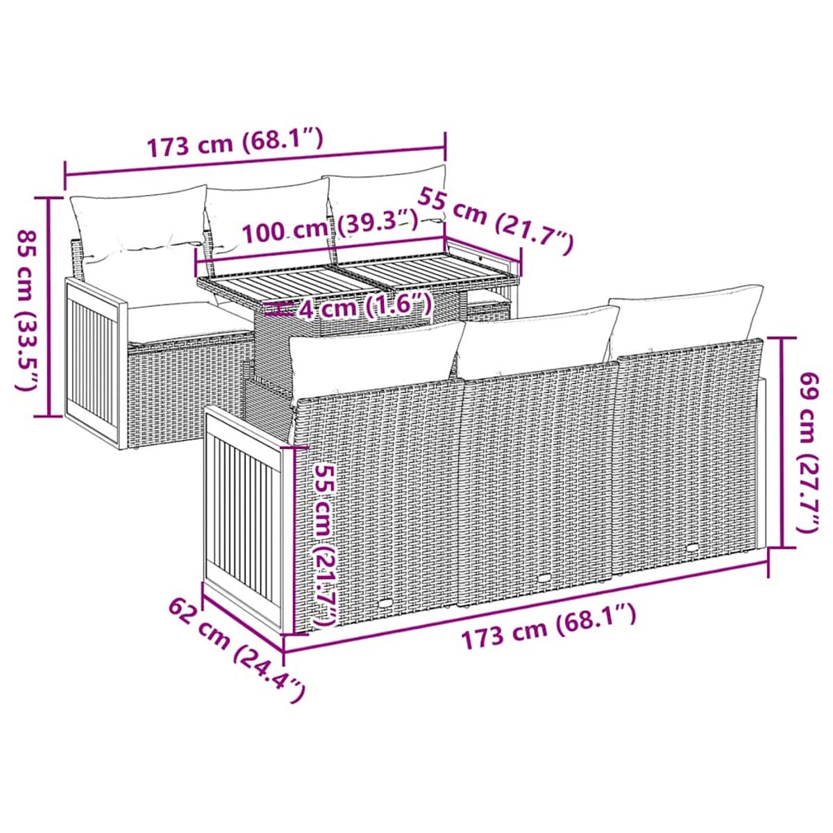 Un diagrama de un sofá seccional de mimbre para exteriores y juego de mesa con dimensiones en cm y pulgadas.