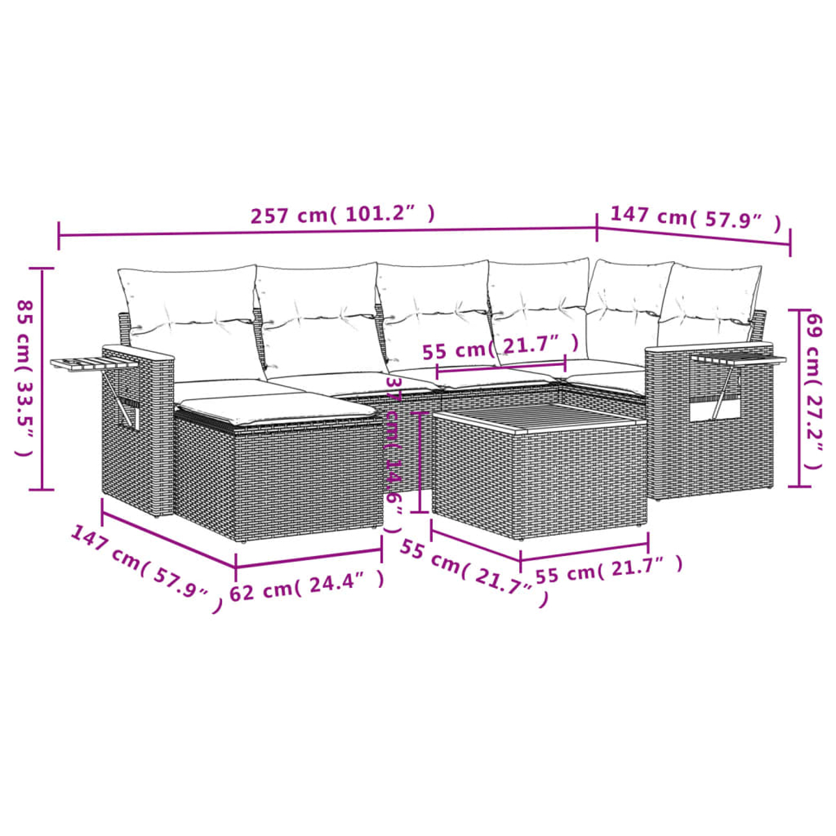 Ein Diagramm eines Gartensofas und Tischsets aus Korbgeflecht mit Abmessungen in cm und Zoll.