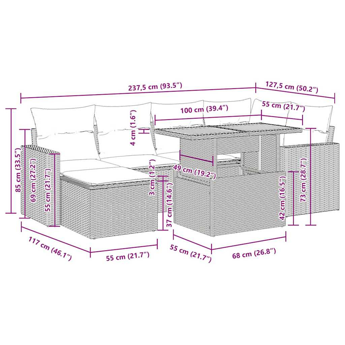 Ein Outdoor-Sofaset mit beschrifteten Abmessungen. Es umfasst ein Sofa, einen Tisch und eine Bank. Das Set ist aus Korbgeflecht.