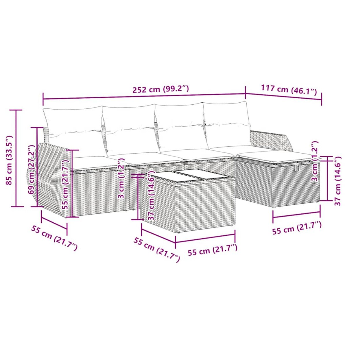 Ein Outdoor-Sofaset mit blauen Kissen, einem quadratischen Tisch und Abmessungen.