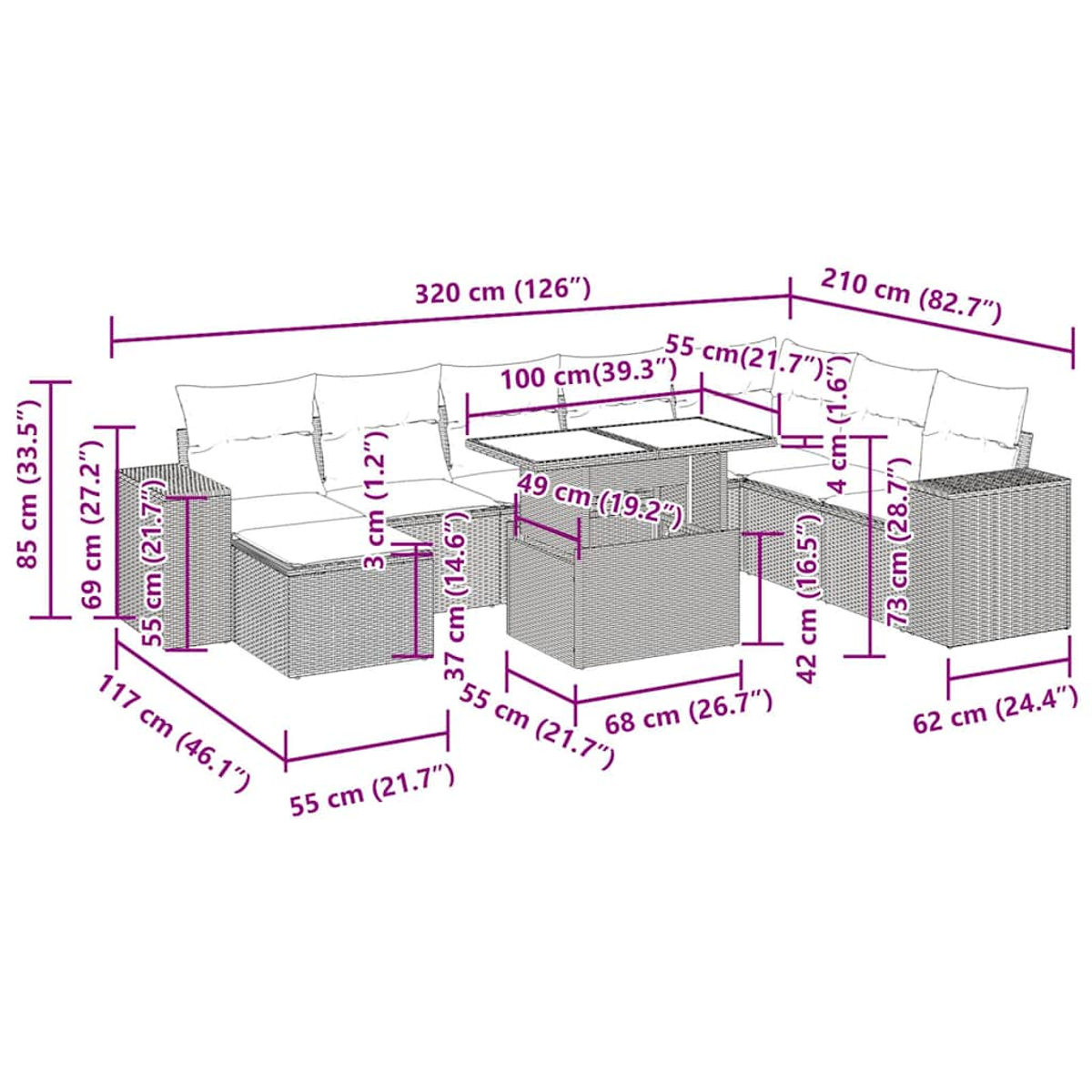 Diagramm eines Outdoor-Ecksofas mit Maßen. Zeigt Größe und Layout des Artikels.