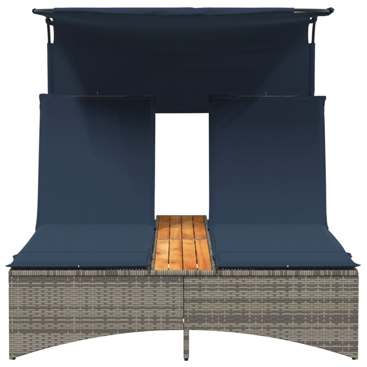 Vista dall'alto di un lettino prendisole doppio con tenda e cuscini blu navy e un tavolo in legno al centro.