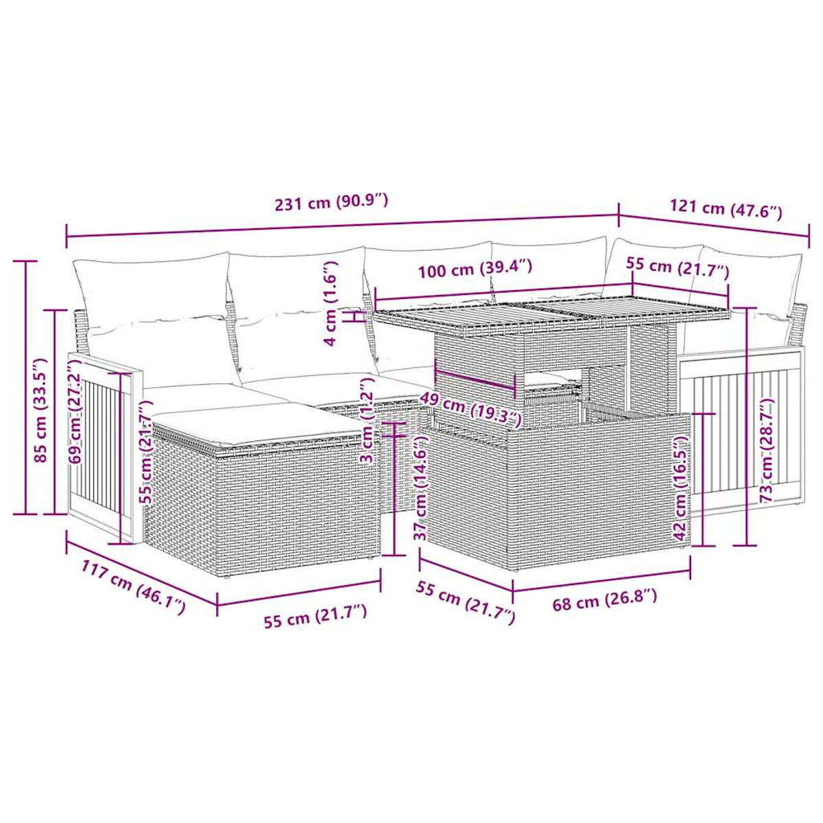 Diagramm eines Ecksofas und Tisches mit Abmessungen in Zentimetern.
