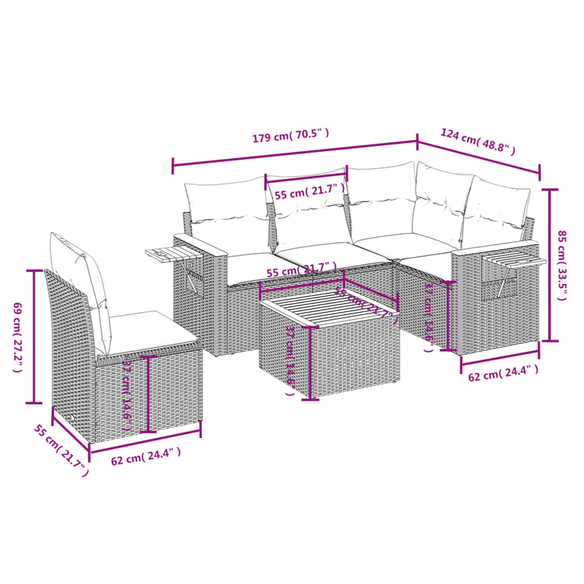 Diagramm eines Wicker-Terrassenmöbelsets mit Maßen. Es umfasst ein Ecksofa, einen Stuhl und einen Tisch.