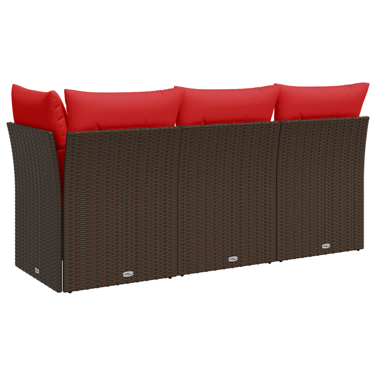 Rückansicht eines braunen Rattansofas mit roten Kissen. Das Sofa zeigt deutlich die gewebte Textur.