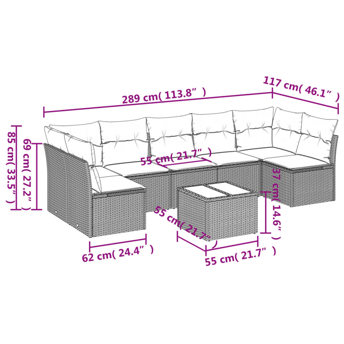Detaillierte Maßzeichnung eines Rattansofa-Sets mit Maßen in Zentimetern.