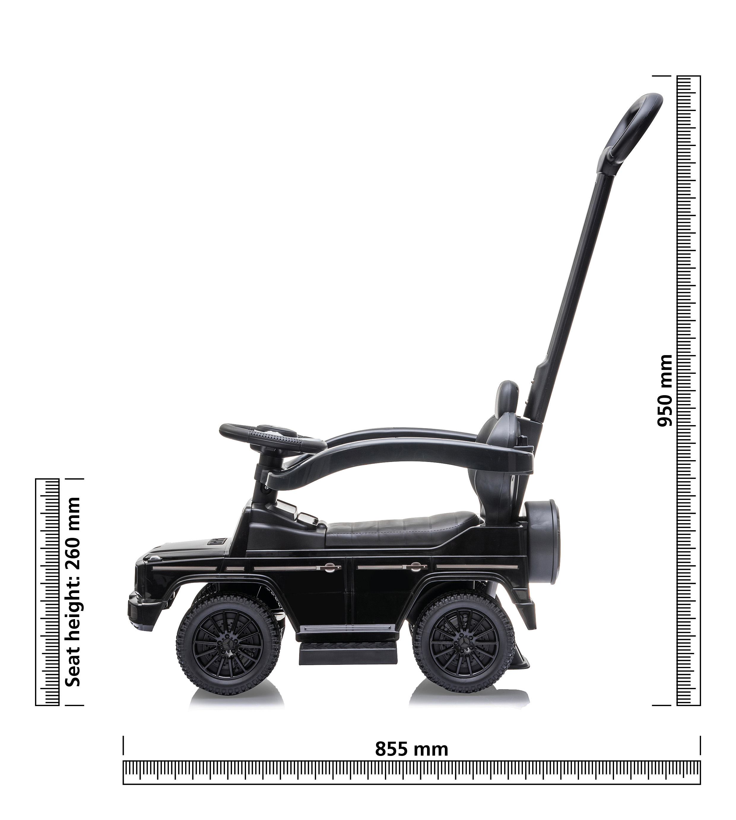 Schwarzes Spielzeugauto mit Maßen. Enthält einen Griff, Sitz und Räder. Weißer Hintergrund.