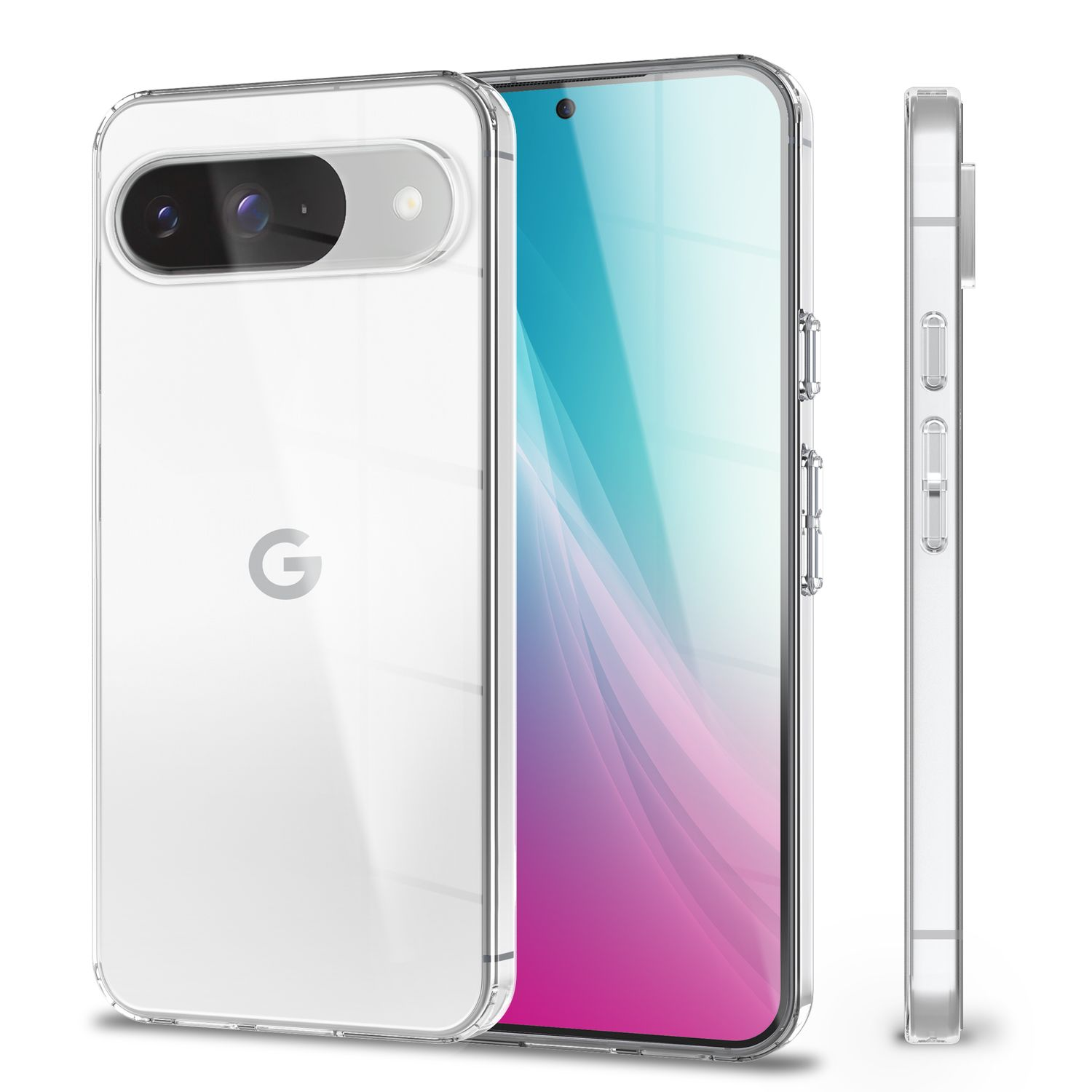 Transparente Handyhülle mit Handy. Das Handy hat eine Kamera und das Google-Logo.