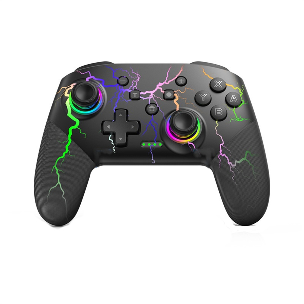 Schwarzer Gaming-Controller mit bunten Blitzmustern, Tasten und Joysticks auf weißem Hintergrund.