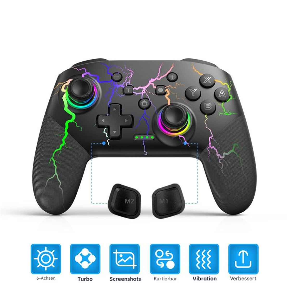 Schwarzer Gamecontroller mit Blitzdesigns, beschrifteten Tasten und Symbolen. Weißer Hintergrund.