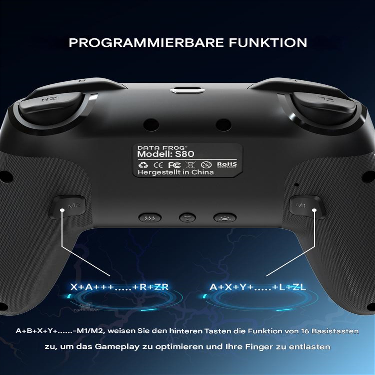 Schwarzer Gamecontroller mit Tasten und Text. Text unten: A+B+X+Y+…-M1/M2, reduziert Fingerbelastung.