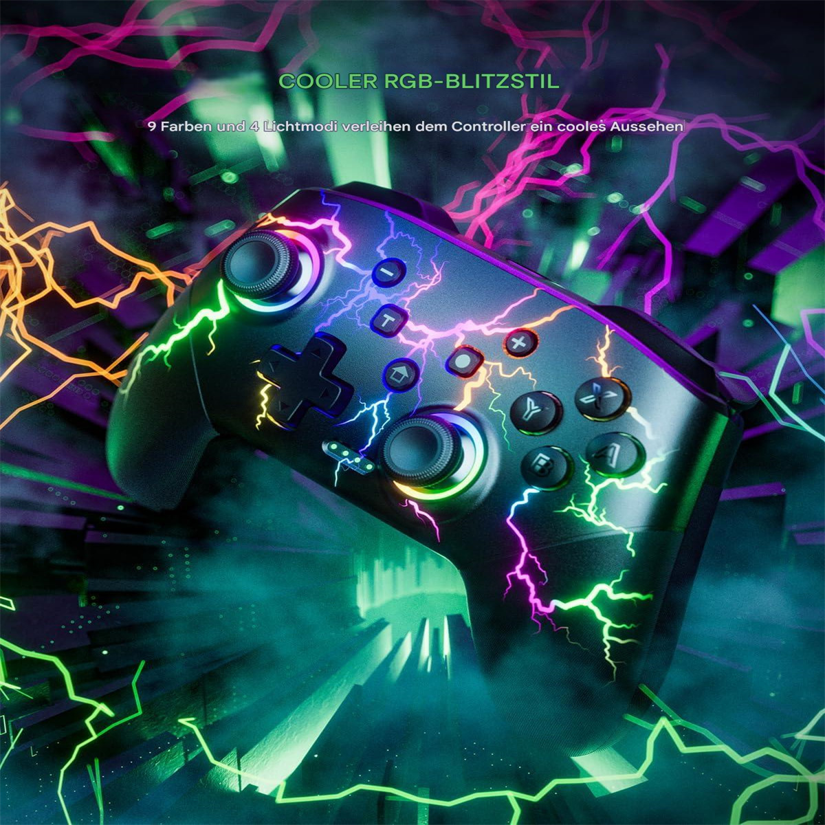 Schwarzer Gamecontroller mit bunten Blitzeffekten. Der Controller hat Knöpfe und Joysticks. Text: COOLER RGB-BLITZSTIL.