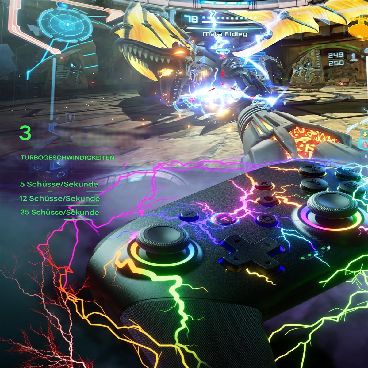 Controller mit Spielgrafik im Hintergrund. Der Hintergrund zeigt Meta Ridley in einem Spiel. Text: Turbogeschwindigkeiten. 5/12/25 Schüsse/Sek.