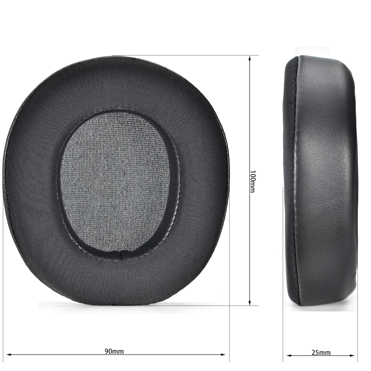 Due cuscinetti auricolari neri per cuffie, uno rivolto verso l'alto e l'altro di lato, che mostrano le dimensioni: 90mm x 100mm x 25mm.