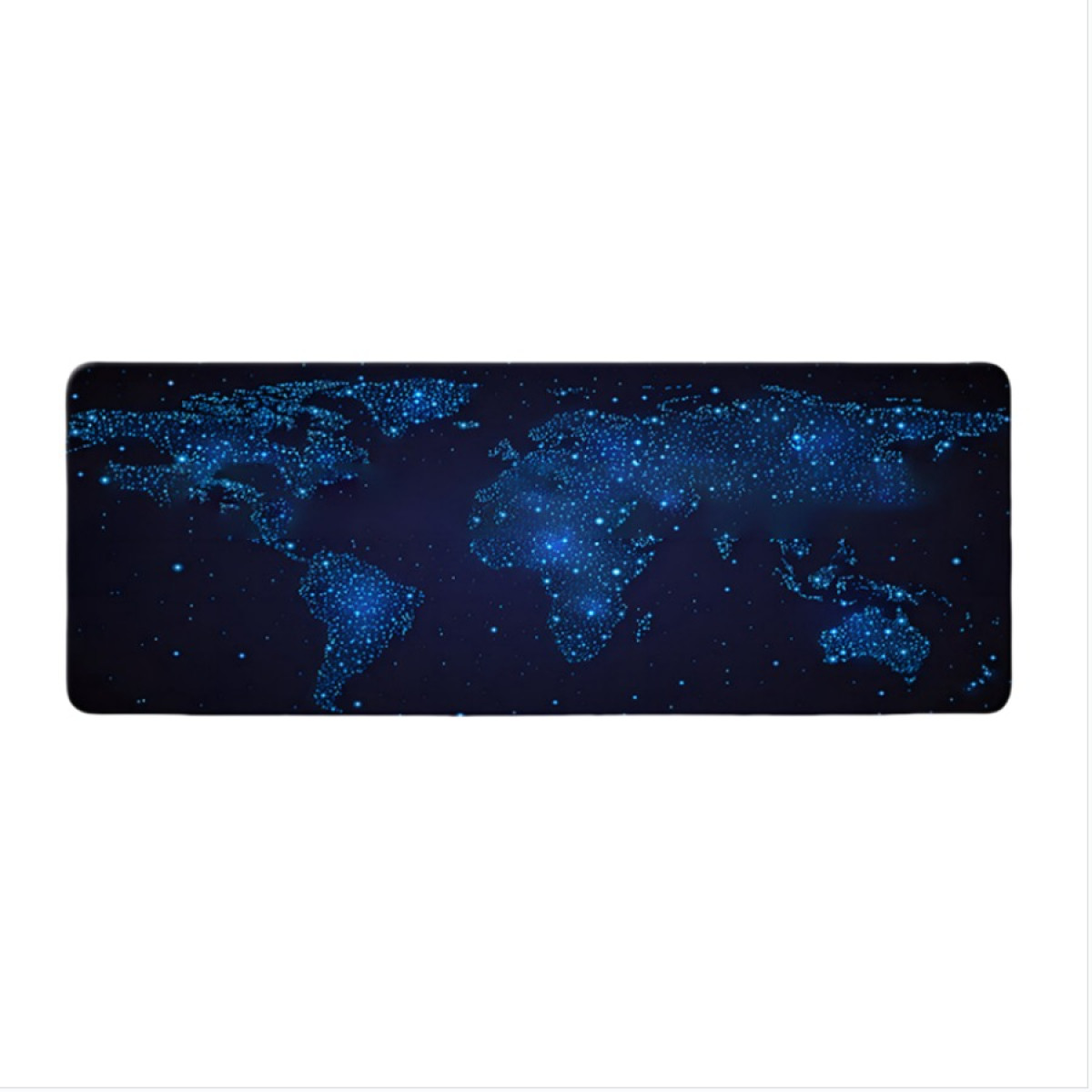 Un tappetino per mouse rettangolare lungo con un design a mappa del mondo composto da punti blu su uno sfondo blu scuro.